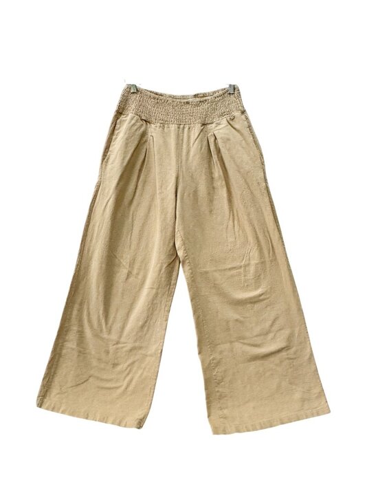 Unknown Pants - Wide-Leg Women's Linen Cropped Pants Smocked Waist Tan Relaxed Fit Boho Breezy